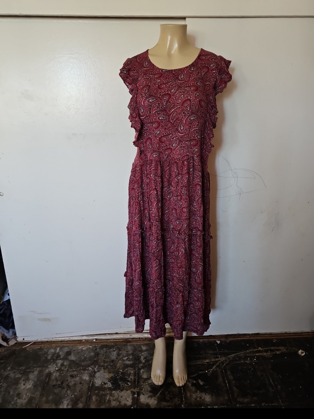 a.n.a Burgundy Paisley Maxi Dress with Ruffle Sleeves